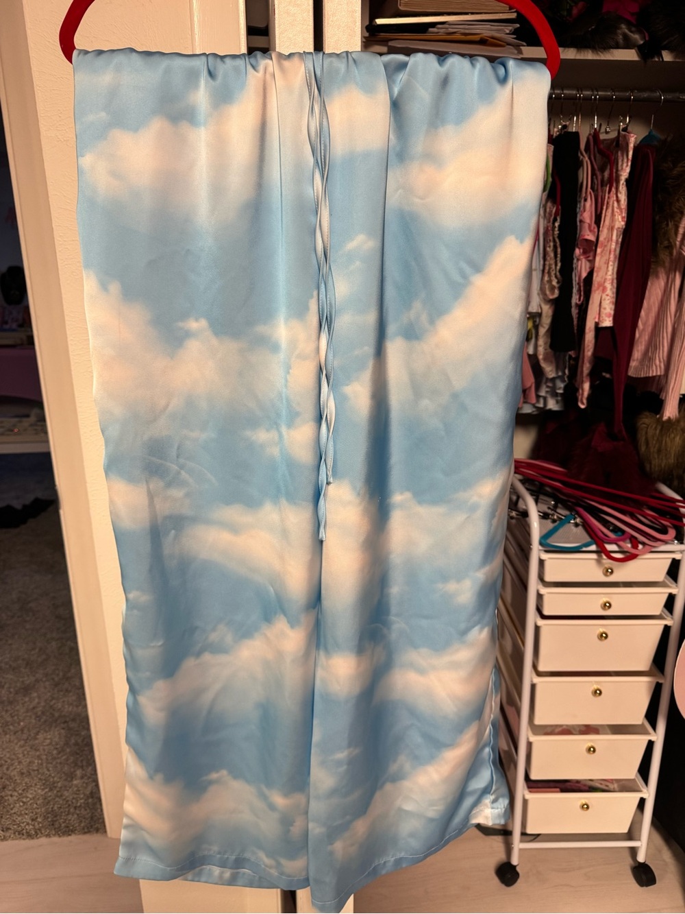 Emy Ave Sky Print Satin Drawstring Skirt